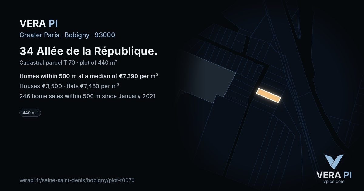 34 Allée de la République, Bobigny at night – the plot lit, the parcels around coloured by the prices near them
