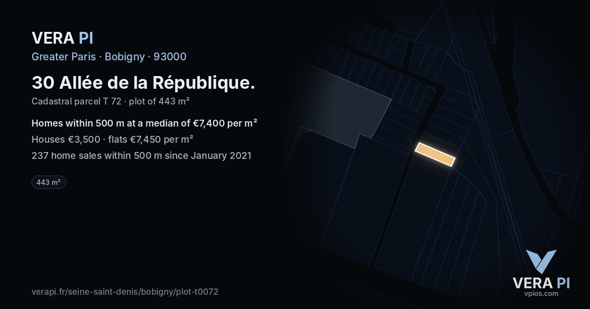 30 Allée de la République, Bobigny at night – the plot lit, the parcels around coloured by the prices near them