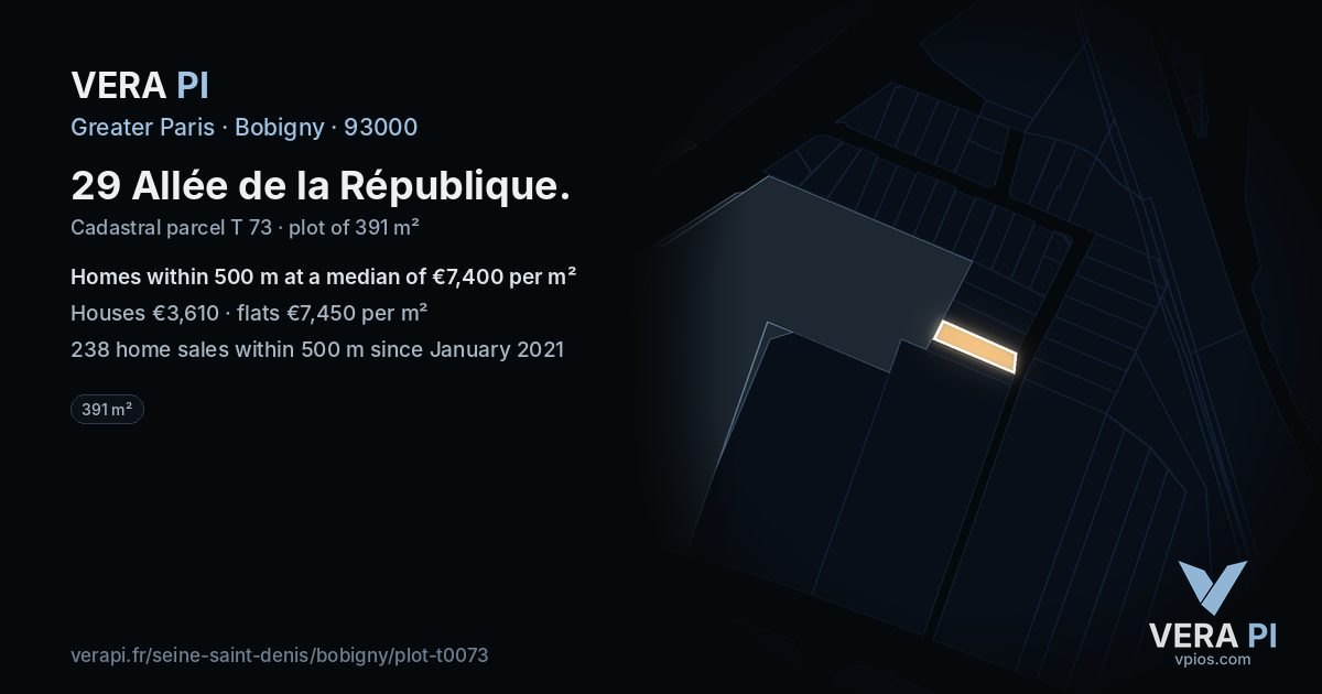 29 Allée de la République, Bobigny at night – the plot lit, the parcels around coloured by the prices near them