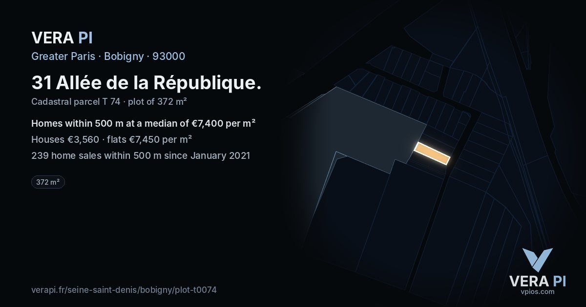 31 Allée de la République, Bobigny at night – the plot lit, the parcels around coloured by the prices near them