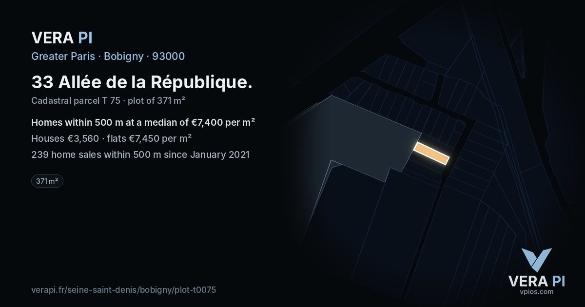 33 Allée de la République, Bobigny at night – the plot lit, the parcels around coloured by the prices near them