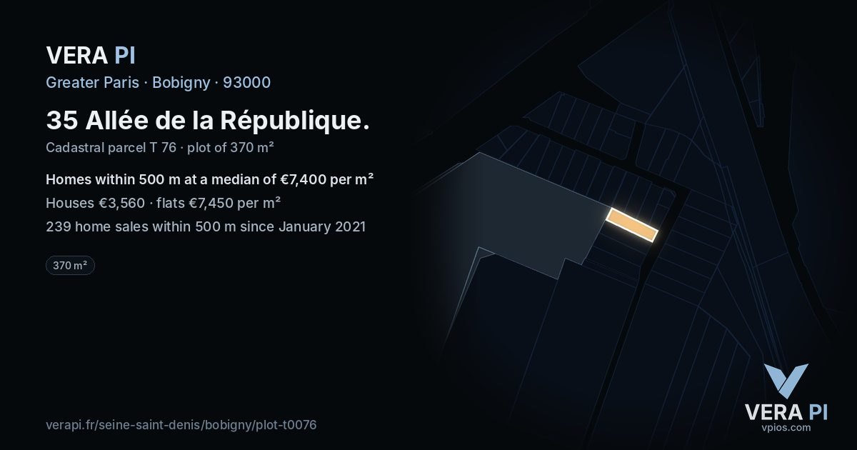 35 Allée de la République, Bobigny at night – the plot lit, the parcels around coloured by the prices near them