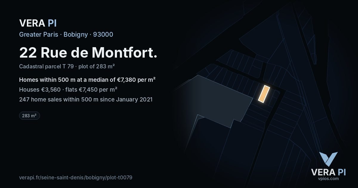 22 Rue de Montfort, Bobigny at night – the plot lit, the parcels around coloured by the prices near them
