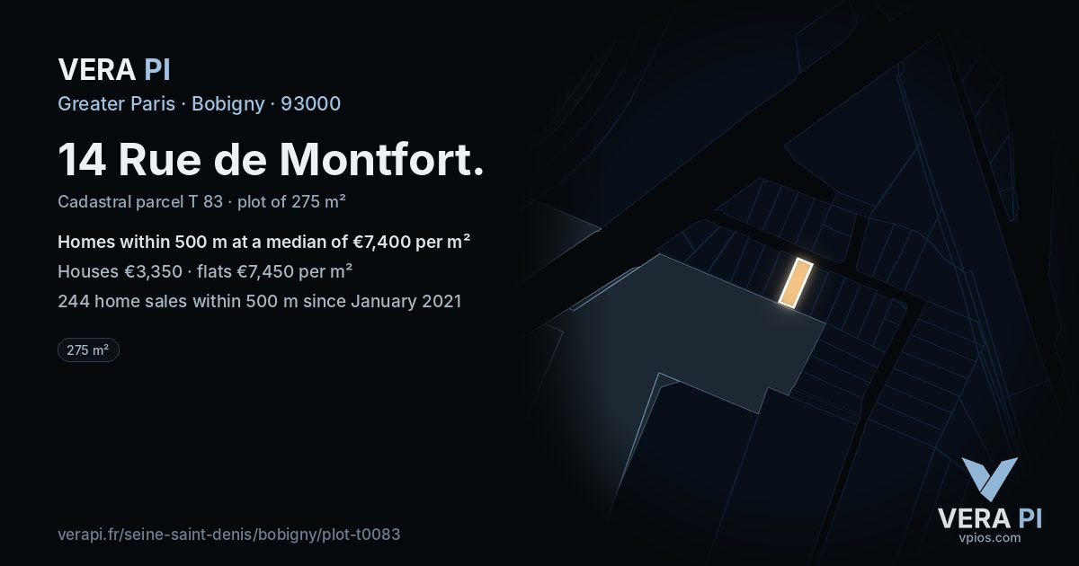 14 Rue de Montfort, Bobigny at night – the plot lit, the parcels around coloured by the prices near them