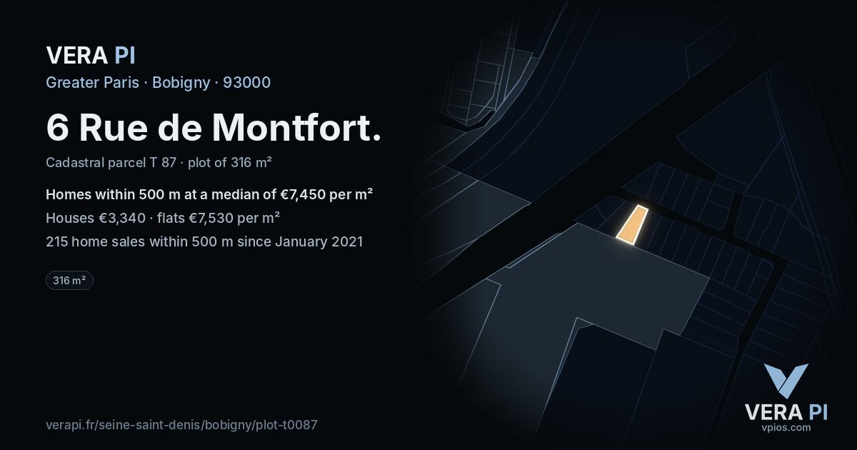 6 Rue de Montfort, Bobigny at night – the plot lit, the parcels around coloured by the prices near them