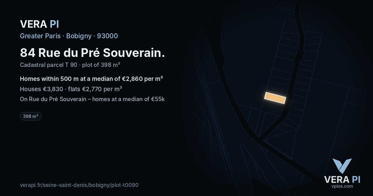 84 Rue du Pré Souverain, Bobigny at night – the plot lit, the parcels around coloured by the prices near them