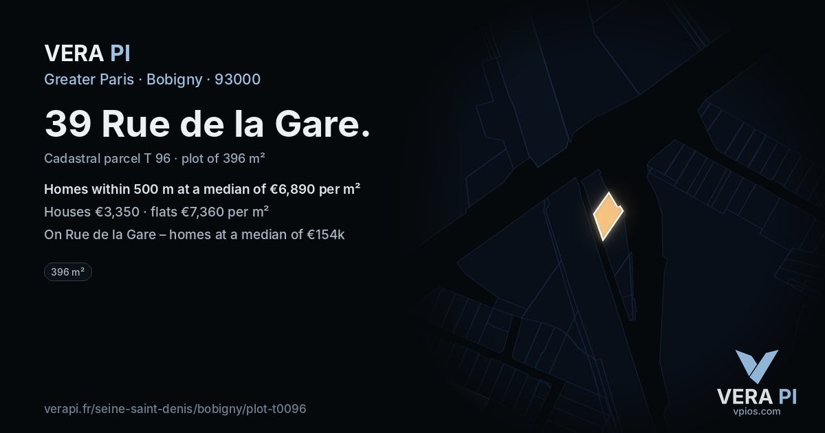 39 Rue de la Gare, Bobigny at night – the plot lit, the parcels around coloured by the prices near them