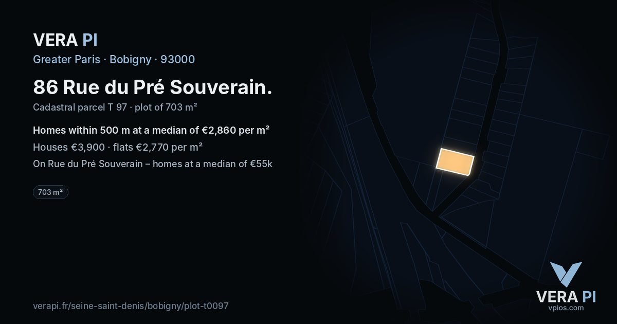 86 Rue du Pré Souverain, Bobigny at night – the plot lit, the parcels around coloured by the prices near them