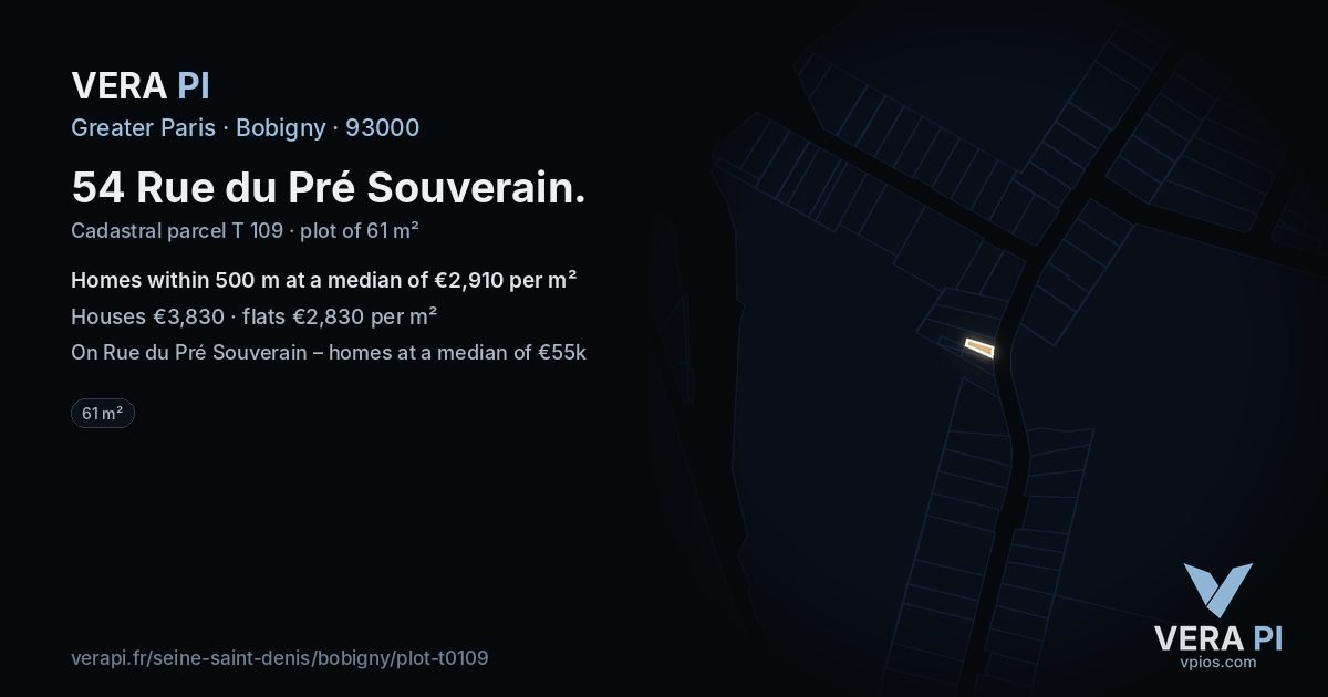 54 Rue du Pré Souverain, Bobigny at night – the plot lit, the parcels around coloured by the prices near them