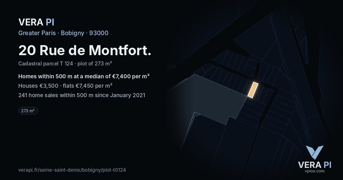 20 Rue de Montfort, Bobigny at night – the plot lit, the parcels around coloured by the prices near them