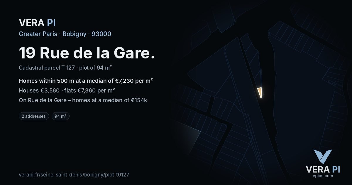 19 Rue de la Gare, Bobigny at night – the plot lit, the parcels around coloured by the prices near them