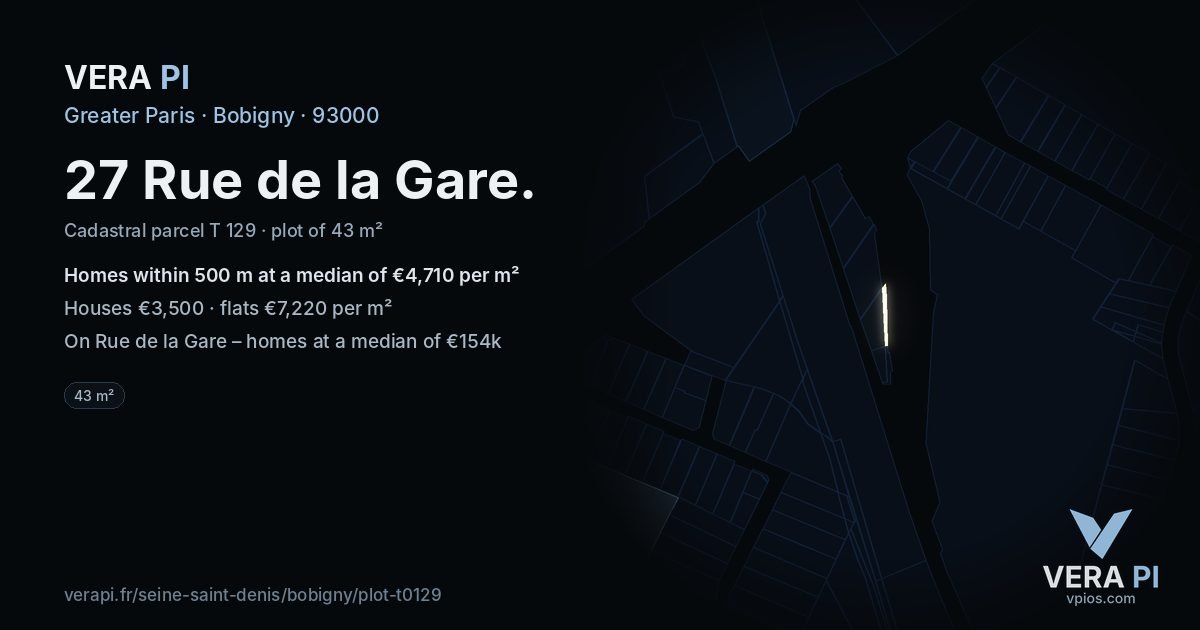 27 Rue de la Gare, Bobigny at night – the plot lit, the parcels around coloured by the prices near them