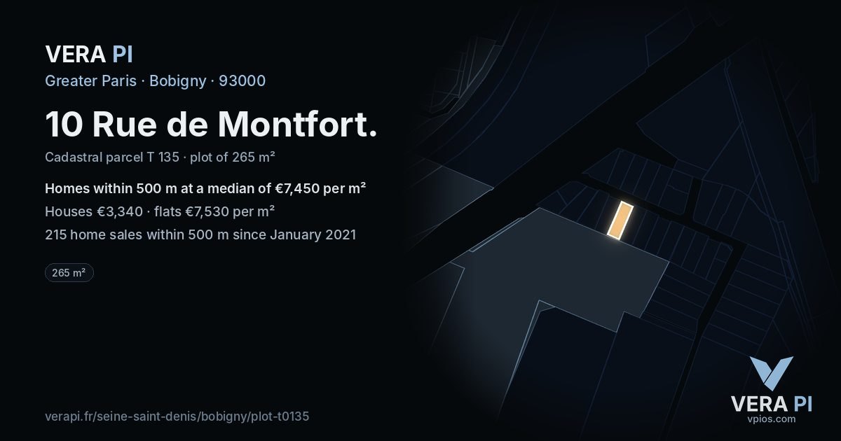 10 Rue de Montfort, Bobigny at night – the plot lit, the parcels around coloured by the prices near them