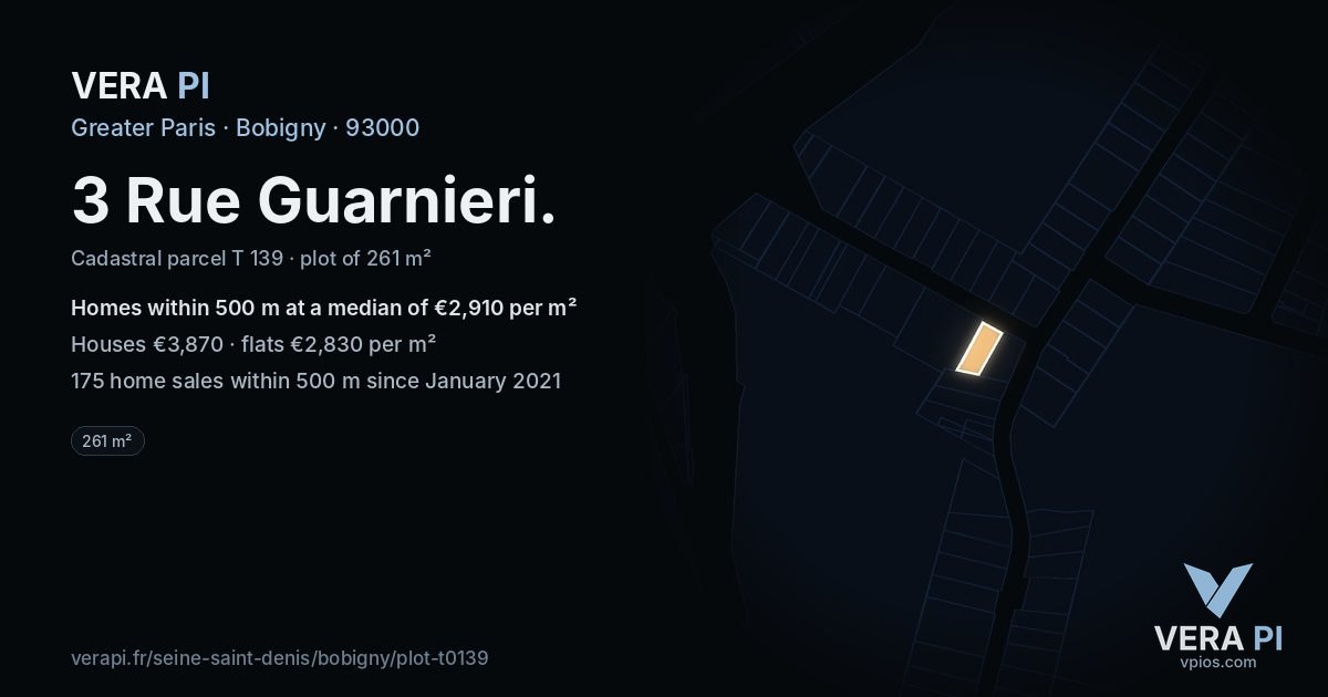 3 Rue Guarnieri, Bobigny at night – the plot lit, the parcels around coloured by the prices near them