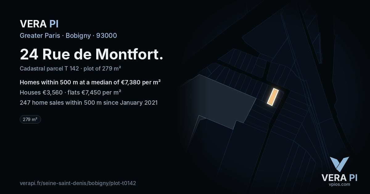 24 Rue de Montfort, Bobigny at night – the plot lit, the parcels around coloured by the prices near them