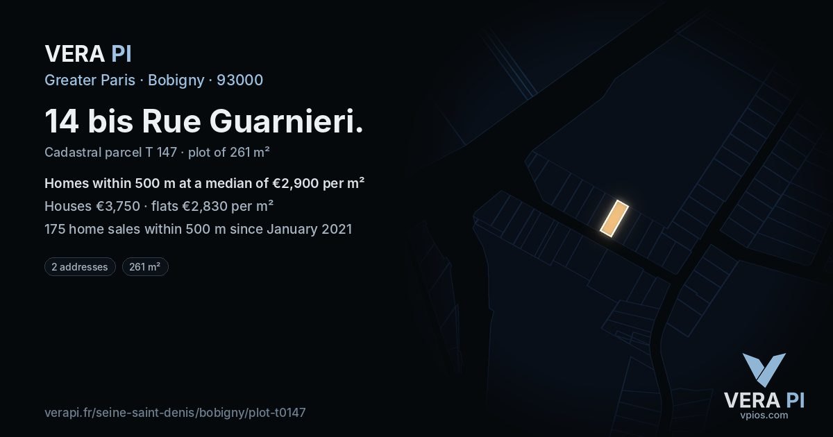 14 bis Rue Guarnieri, Bobigny at night – the plot lit, the parcels around coloured by the prices near them