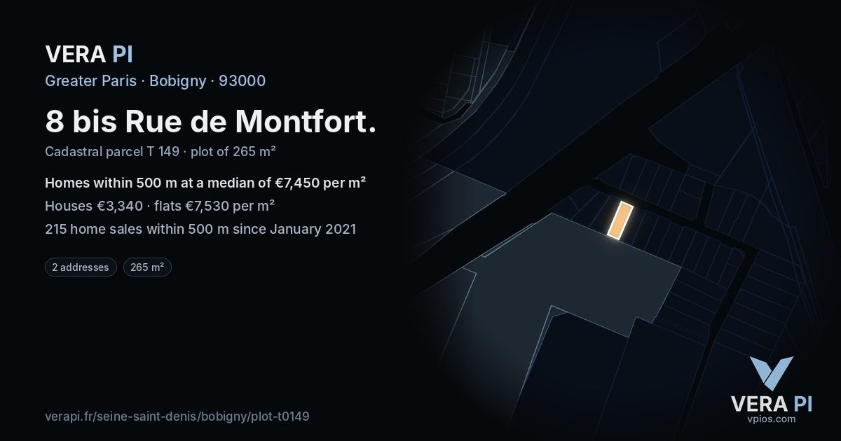 8 bis Rue de Montfort, Bobigny at night – the plot lit, the parcels around coloured by the prices near them