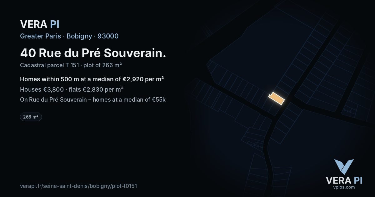 40 Rue du Pré Souverain, Bobigny at night – the plot lit, the parcels around coloured by the prices near them