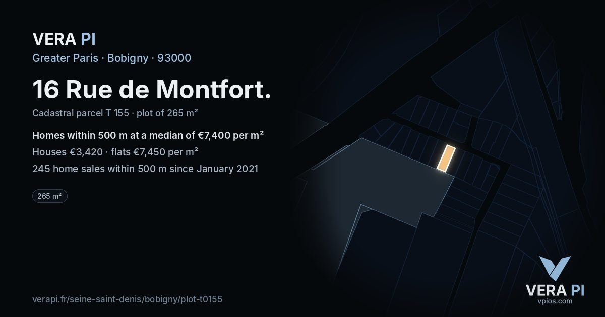 16 Rue de Montfort, Bobigny at night – the plot lit, the parcels around coloured by the prices near them