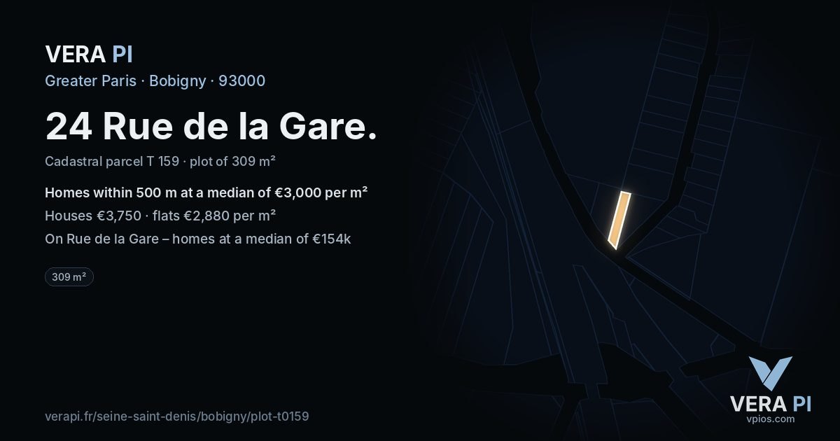 24 Rue de la Gare, Bobigny at night – the plot lit, the parcels around coloured by the prices near them