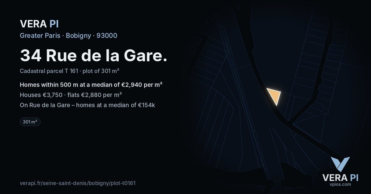 34 Rue de la Gare, Bobigny at night – the plot lit, the parcels around coloured by the prices near them