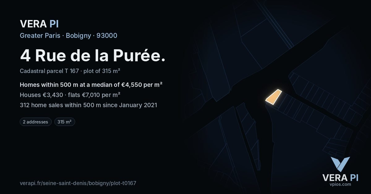 4 Rue de la Purée, Bobigny at night – the plot lit, the parcels around coloured by the prices near them