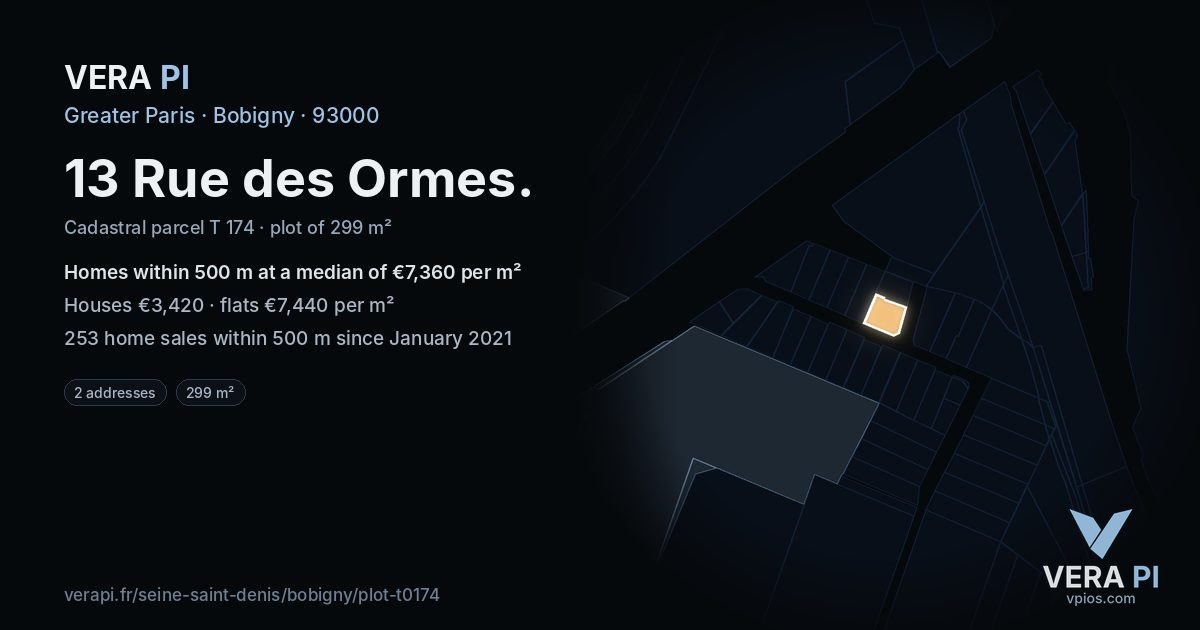 13 Rue des Ormes, Bobigny at night – the plot lit, the parcels around coloured by the prices near them