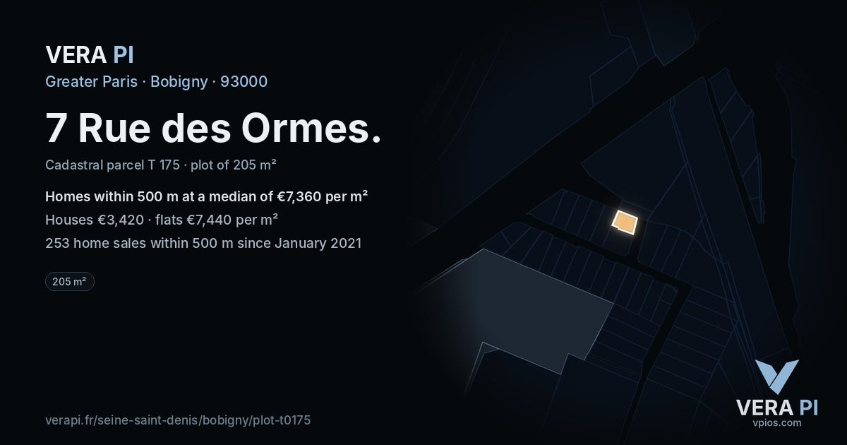 7 Rue des Ormes, Bobigny at night – the plot lit, the parcels around coloured by the prices near them