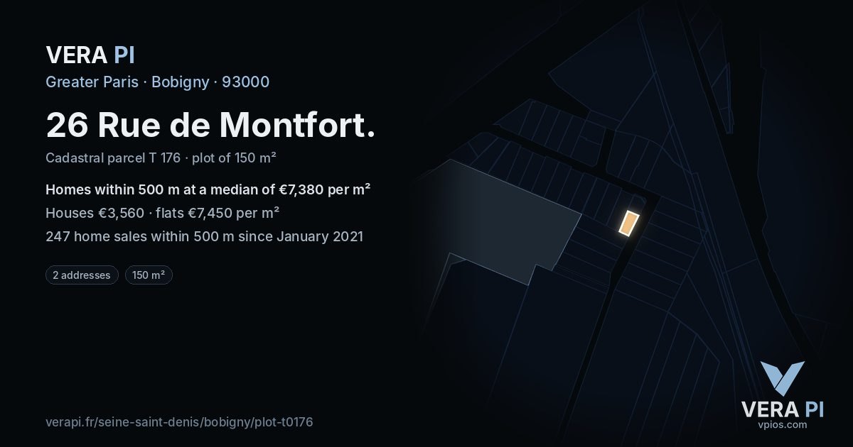 26 Rue de Montfort, Bobigny at night – the plot lit, the parcels around coloured by the prices near them