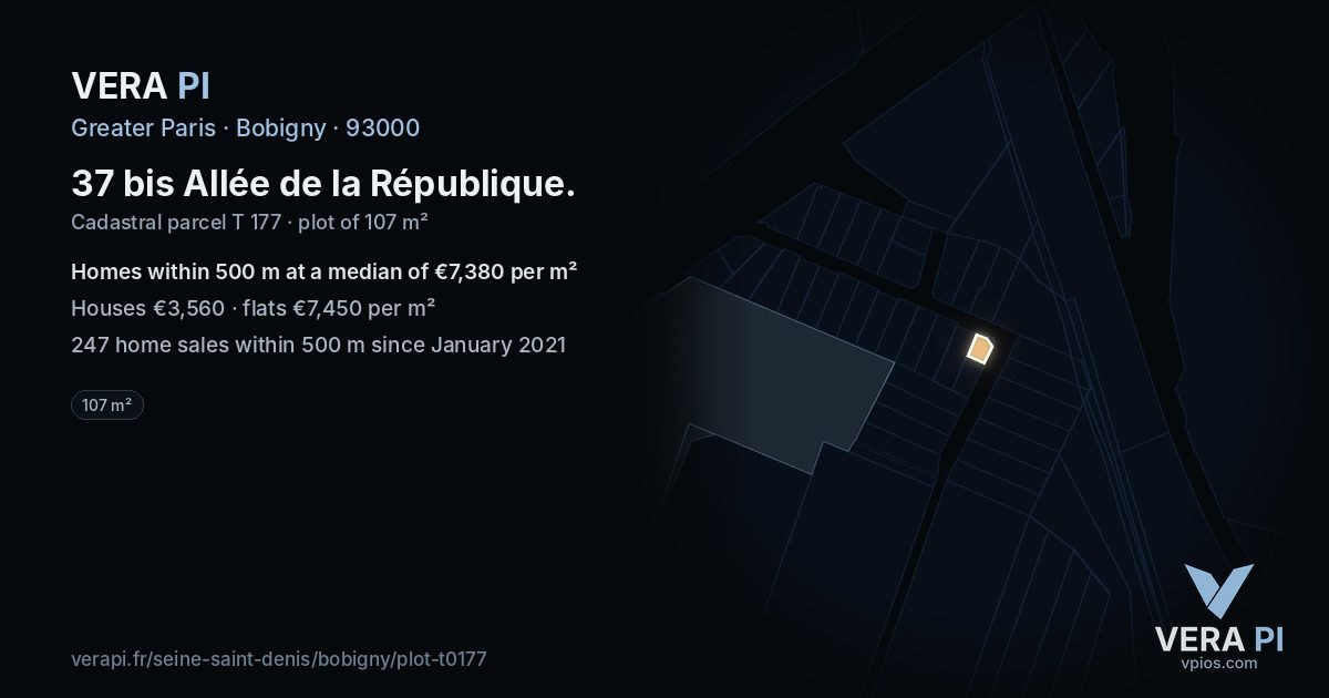 37 bis Allée de la République, Bobigny at night – the plot lit, the parcels around coloured by the prices near them