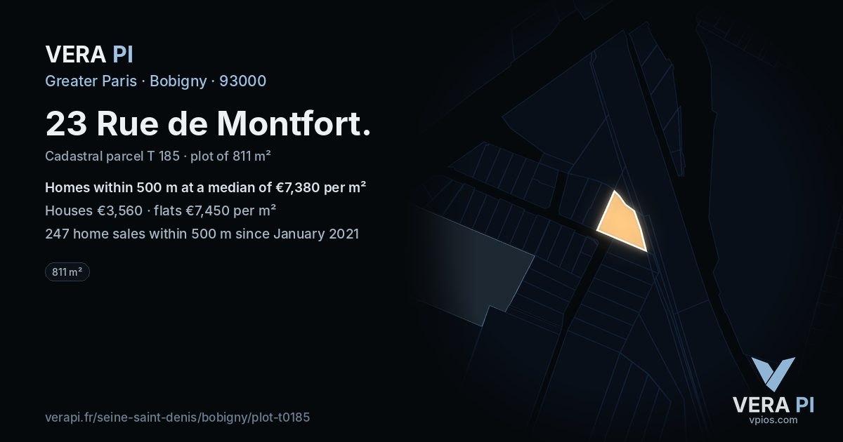 23 Rue de Montfort, Bobigny at night – the plot lit, the parcels around coloured by the prices near them