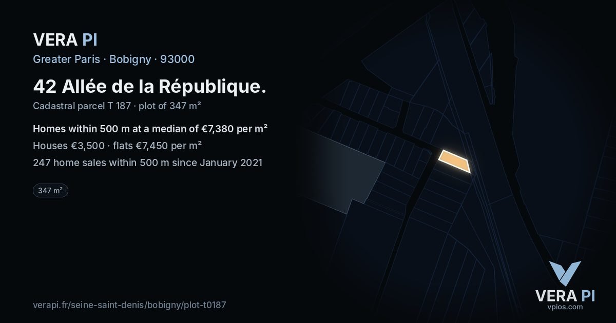 42 Allée de la République, Bobigny at night – the plot lit, the parcels around coloured by the prices near them