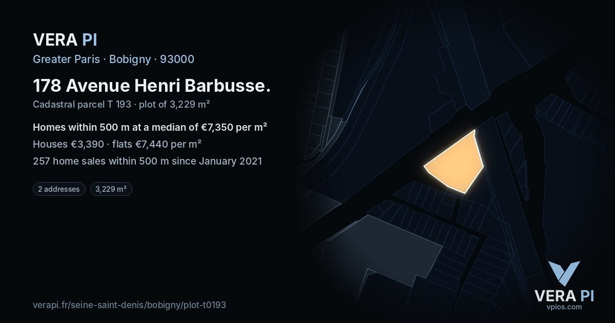 178 Avenue Henri Barbusse, Bobigny at night – the plot lit, the parcels around coloured by the prices near them