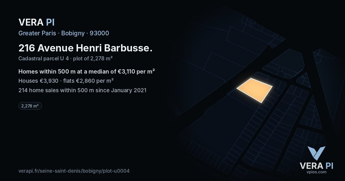 216 Avenue Henri Barbusse, Bobigny at night – the plot lit, the parcels around coloured by the prices near them