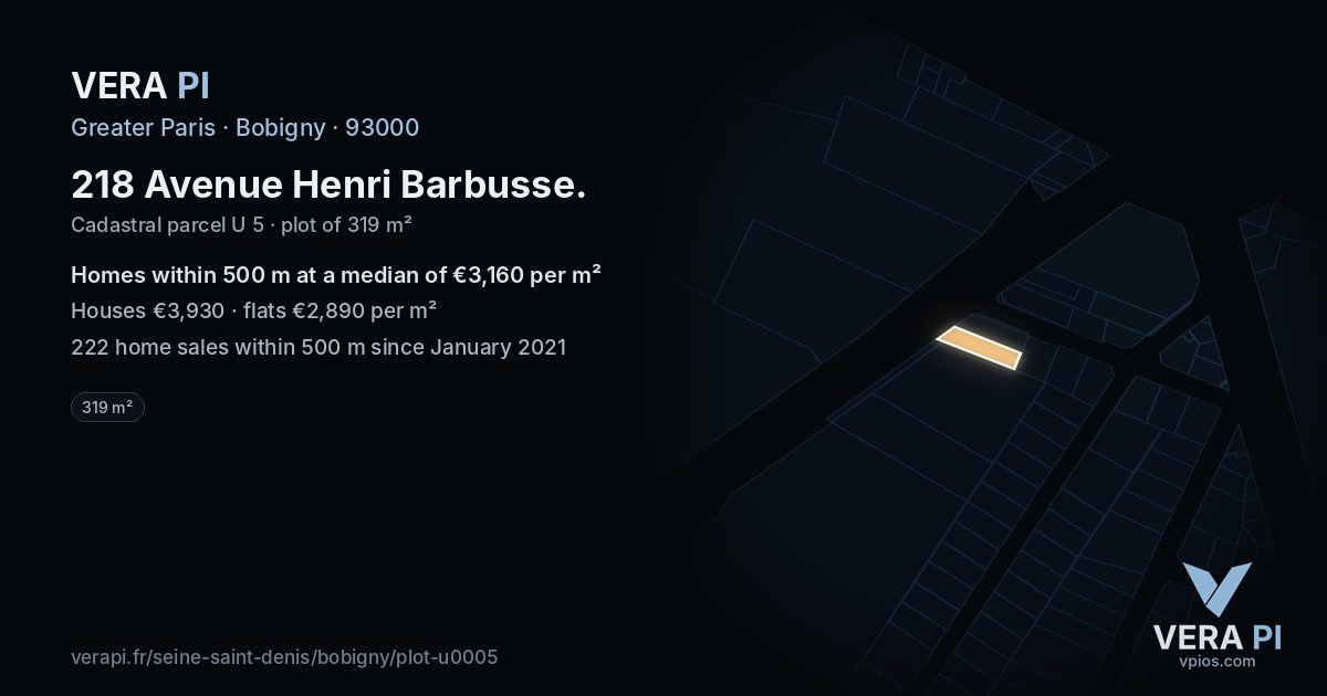 218 Avenue Henri Barbusse, Bobigny at night – the plot lit, the parcels around coloured by the prices near them