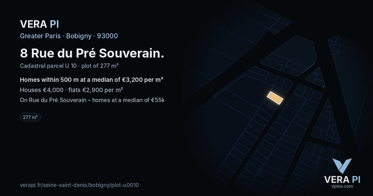 8 Rue du Pré Souverain, Bobigny at night – the plot lit, the parcels around coloured by the prices near them