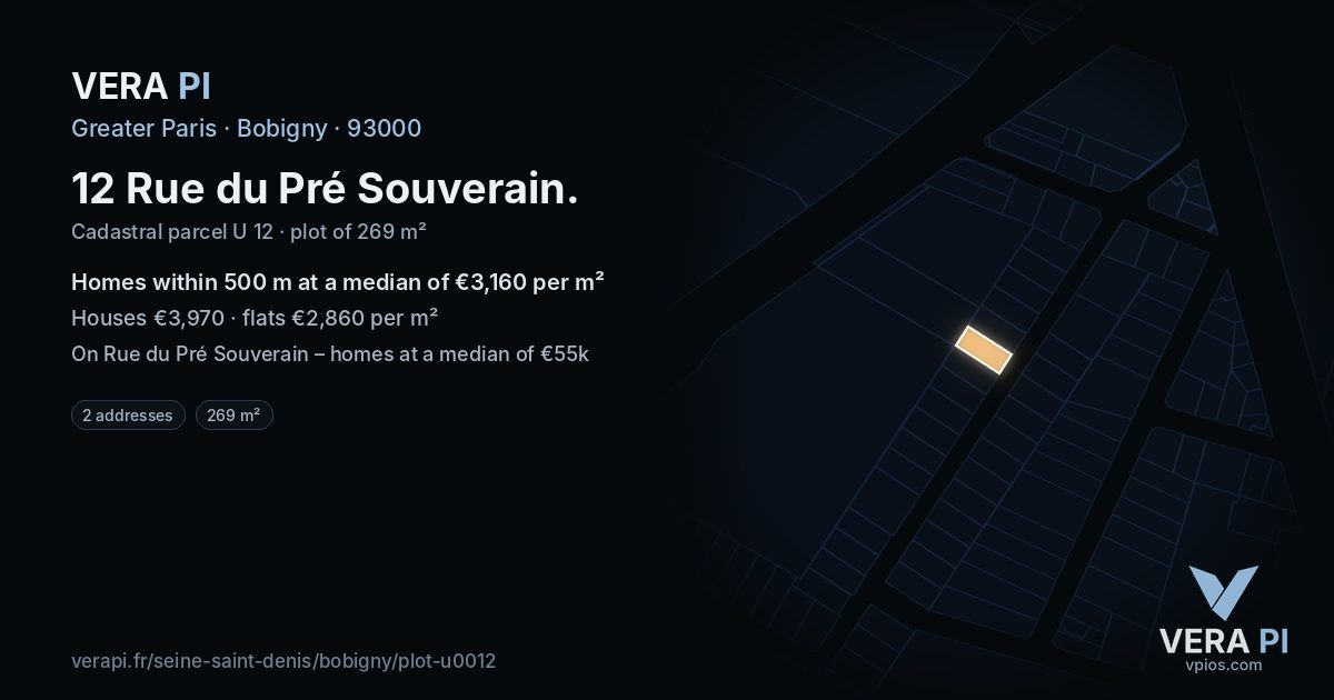 12 Rue du Pré Souverain, Bobigny at night – the plot lit, the parcels around coloured by the prices near them