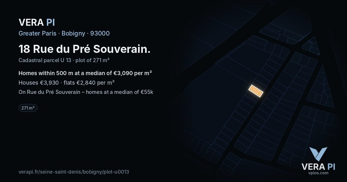 18 Rue du Pré Souverain, Bobigny at night – the plot lit, the parcels around coloured by the prices near them