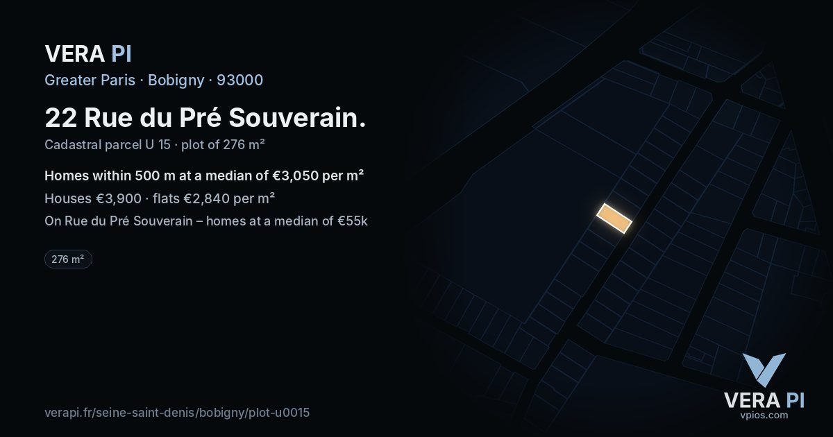 22 Rue du Pré Souverain, Bobigny at night – the plot lit, the parcels around coloured by the prices near them