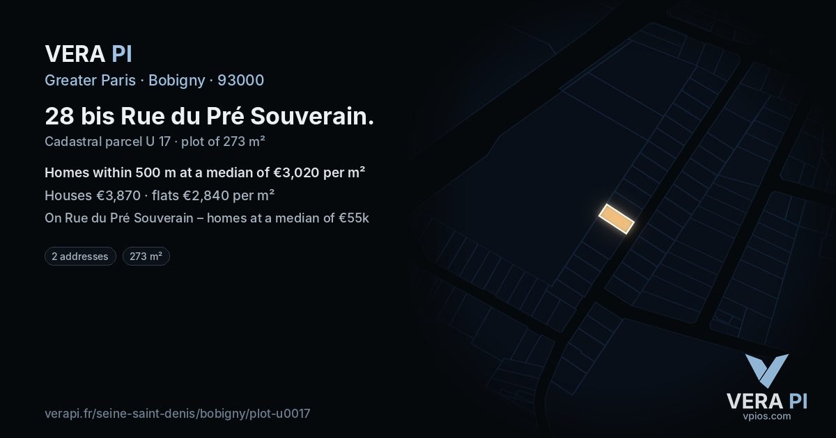 28 bis Rue du Pré Souverain, Bobigny at night – the plot lit, the parcels around coloured by the prices near them