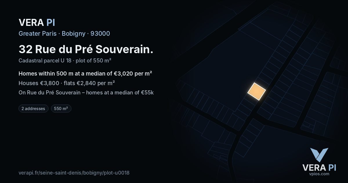 32 Rue du Pré Souverain, Bobigny at night – the plot lit, the parcels around coloured by the prices near them