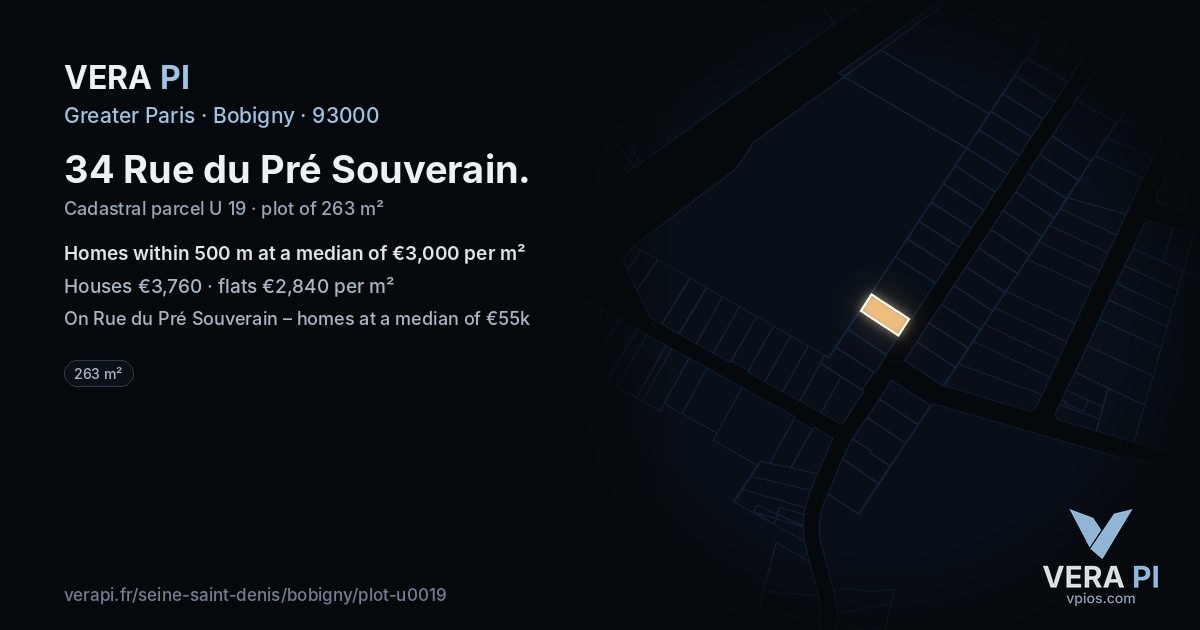 34 Rue du Pré Souverain, Bobigny at night – the plot lit, the parcels around coloured by the prices near them