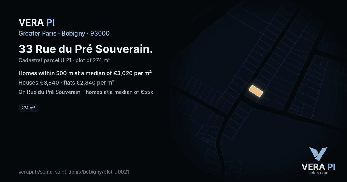 33 Rue du Pré Souverain, Bobigny at night – the plot lit, the parcels around coloured by the prices near them