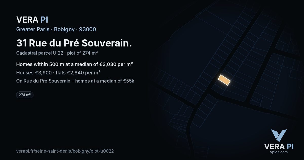 31 Rue du Pré Souverain, Bobigny at night – the plot lit, the parcels around coloured by the prices near them