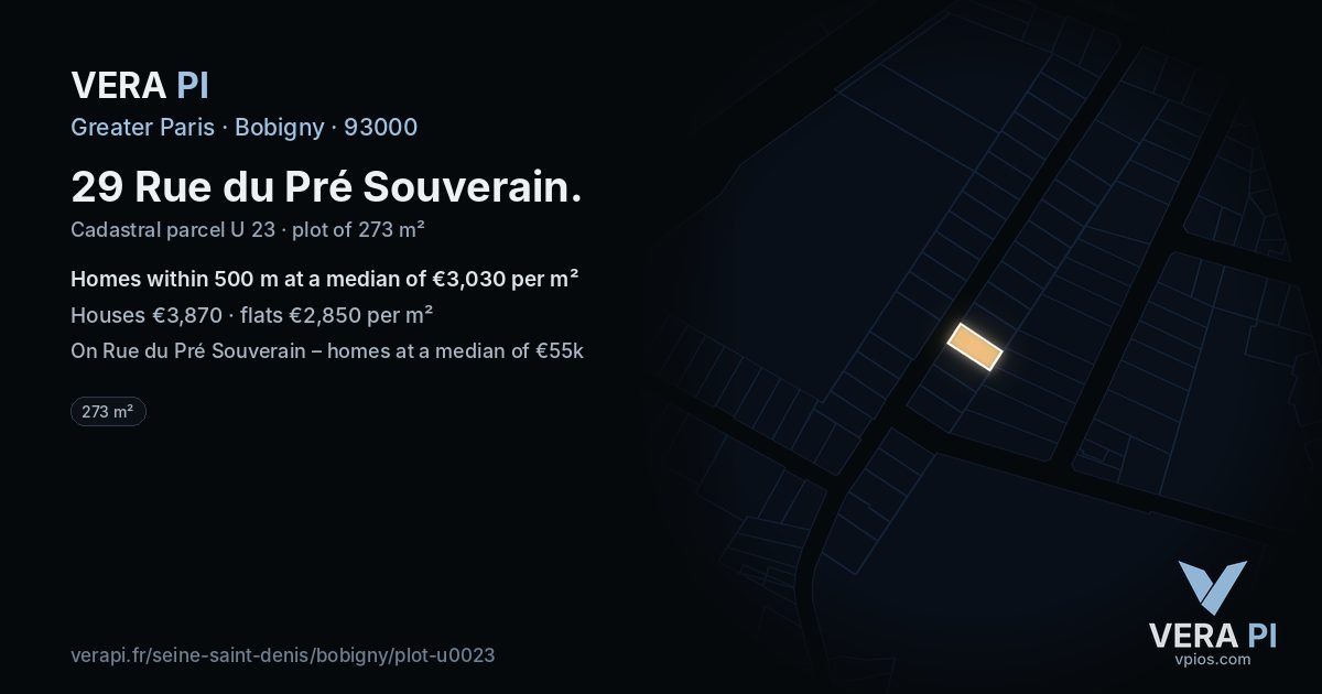 29 Rue du Pré Souverain, Bobigny at night – the plot lit, the parcels around coloured by the prices near them
