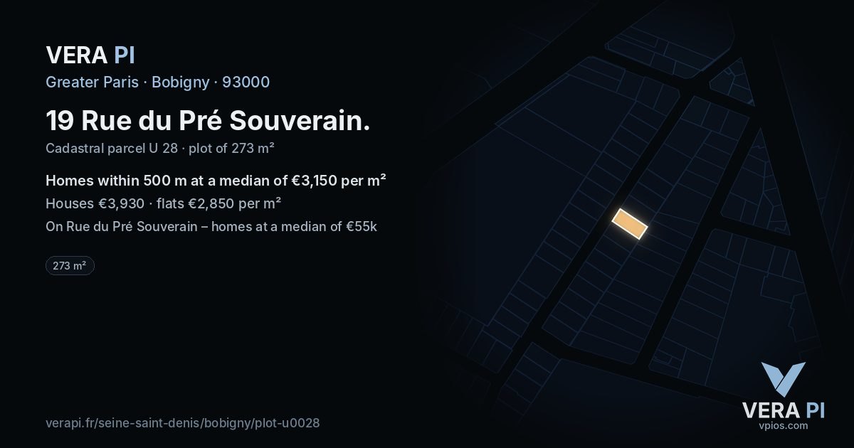 19 Rue du Pré Souverain, Bobigny at night – the plot lit, the parcels around coloured by the prices near them