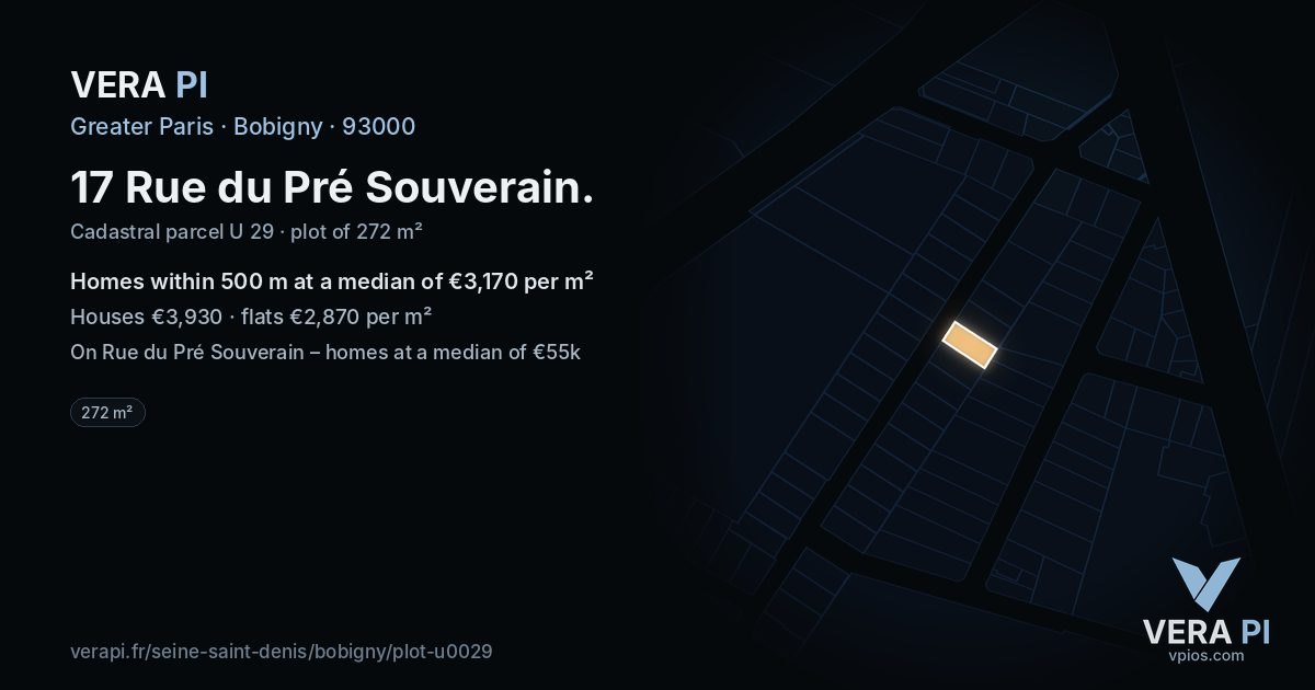 17 Rue du Pré Souverain, Bobigny at night – the plot lit, the parcels around coloured by the prices near them