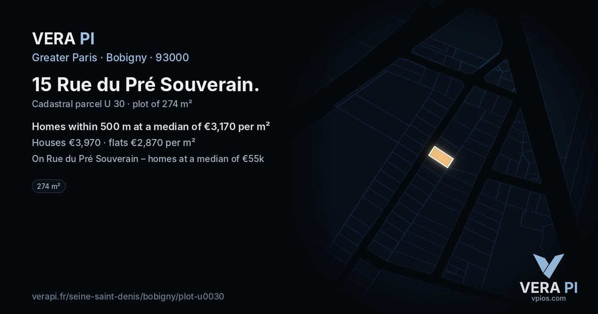 15 Rue du Pré Souverain, Bobigny at night – the plot lit, the parcels around coloured by the prices near them