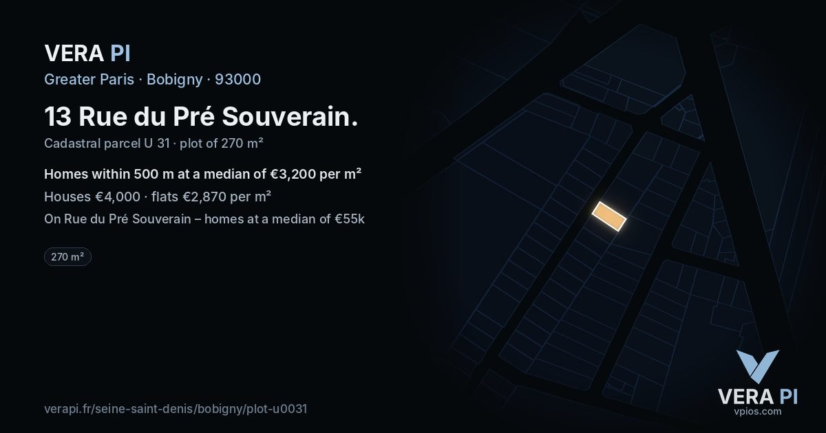 13 Rue du Pré Souverain, Bobigny at night – the plot lit, the parcels around coloured by the prices near them
