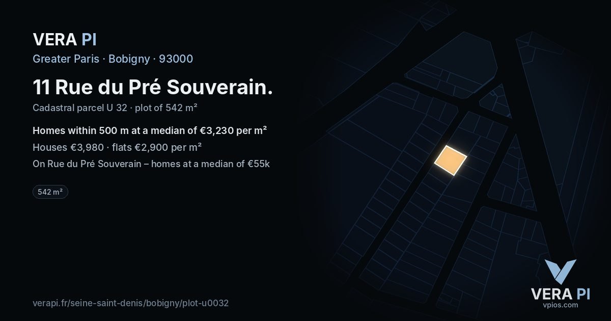 11 Rue du Pré Souverain, Bobigny at night – the plot lit, the parcels around coloured by the prices near them